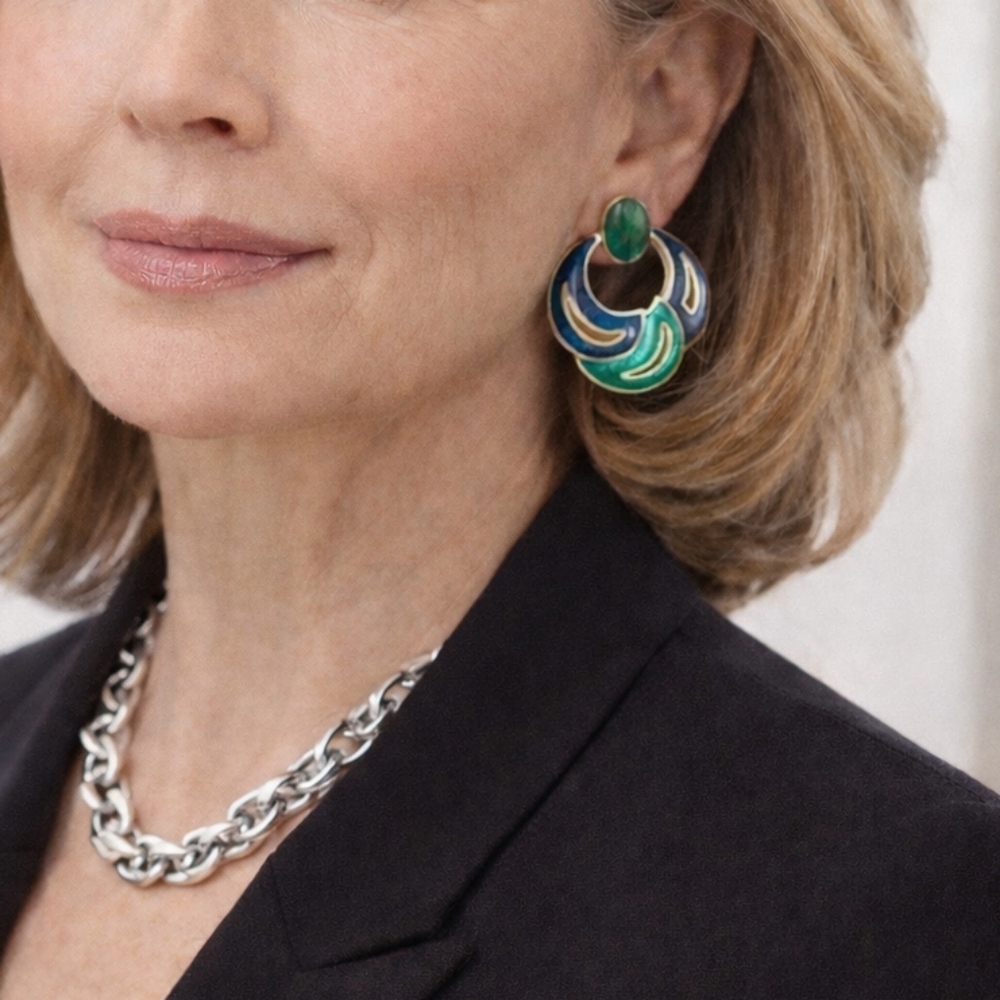 TURQUISE AND GOLD-Tone Earrings, vintage door knocker style.